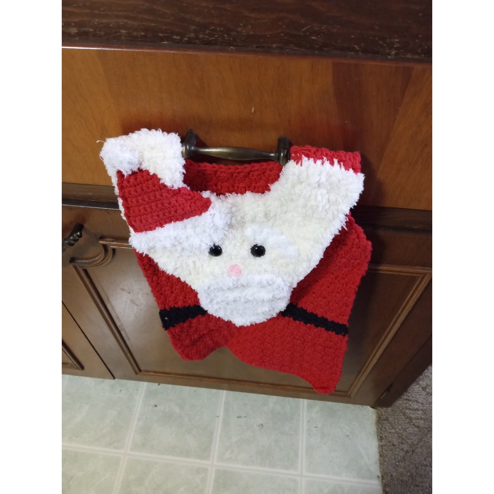 Handmade Crochet Santa Claus Kitchen Towel Christmas Holiday Decor Red White
